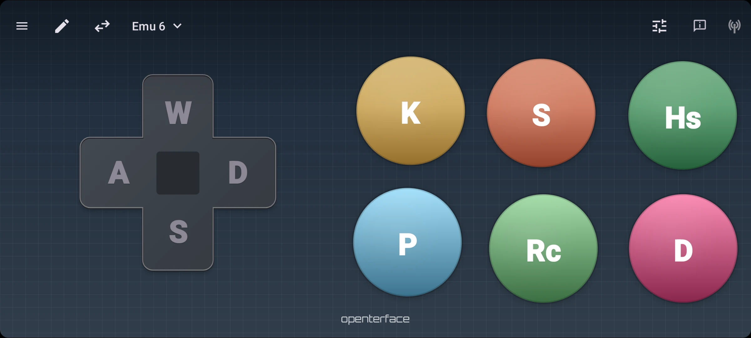 KeyCmd Emu 6 preset, six-button arcade-style layout on dark grid